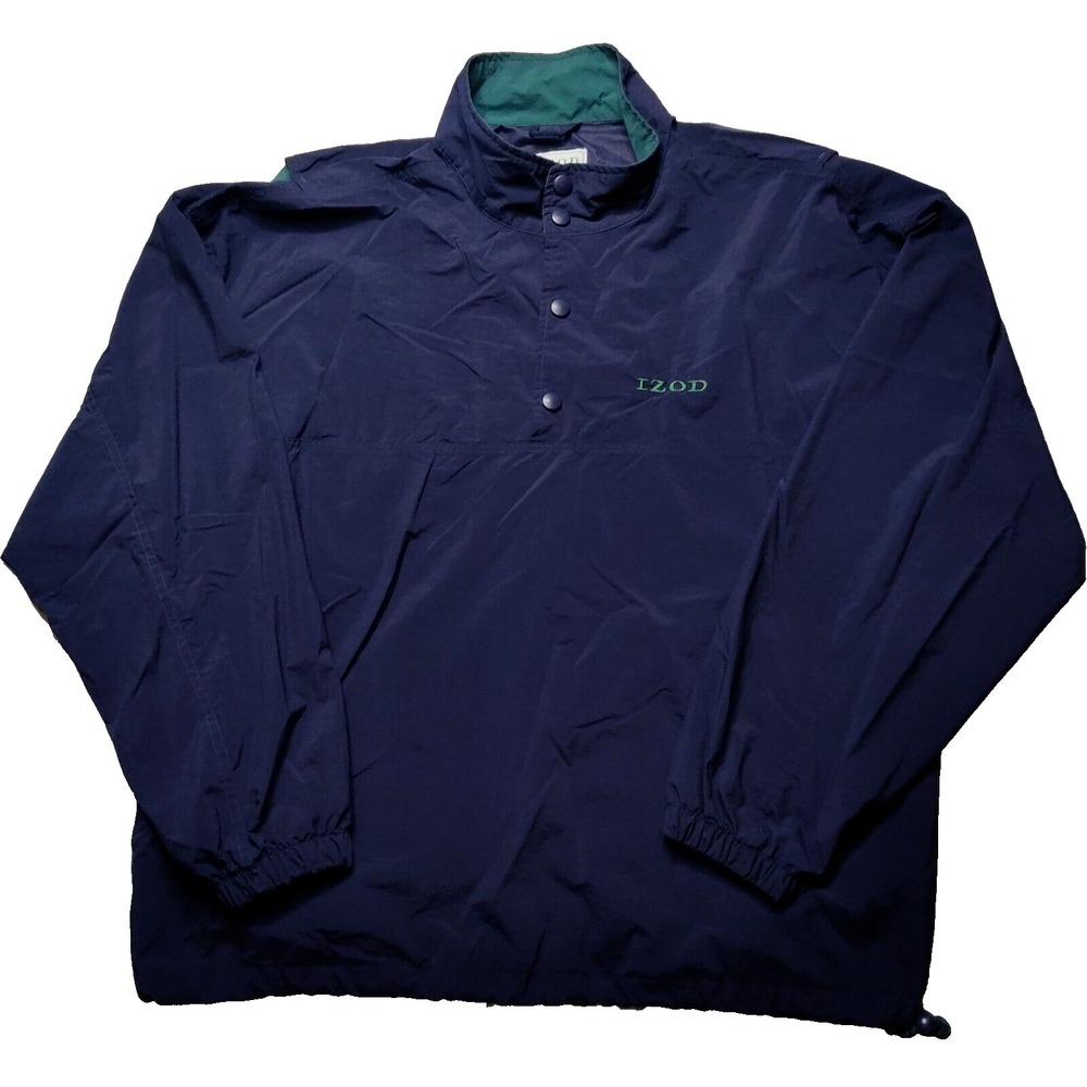 VTG IZOD Men Large Blue Nylon Henley Snap Button Pullover Golf Windbreaker
